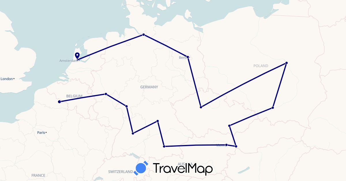 TravelMap itinerary: driving in Austria, Czech Republic, Germany, France, Netherlands, Poland, Slovakia (Europe)